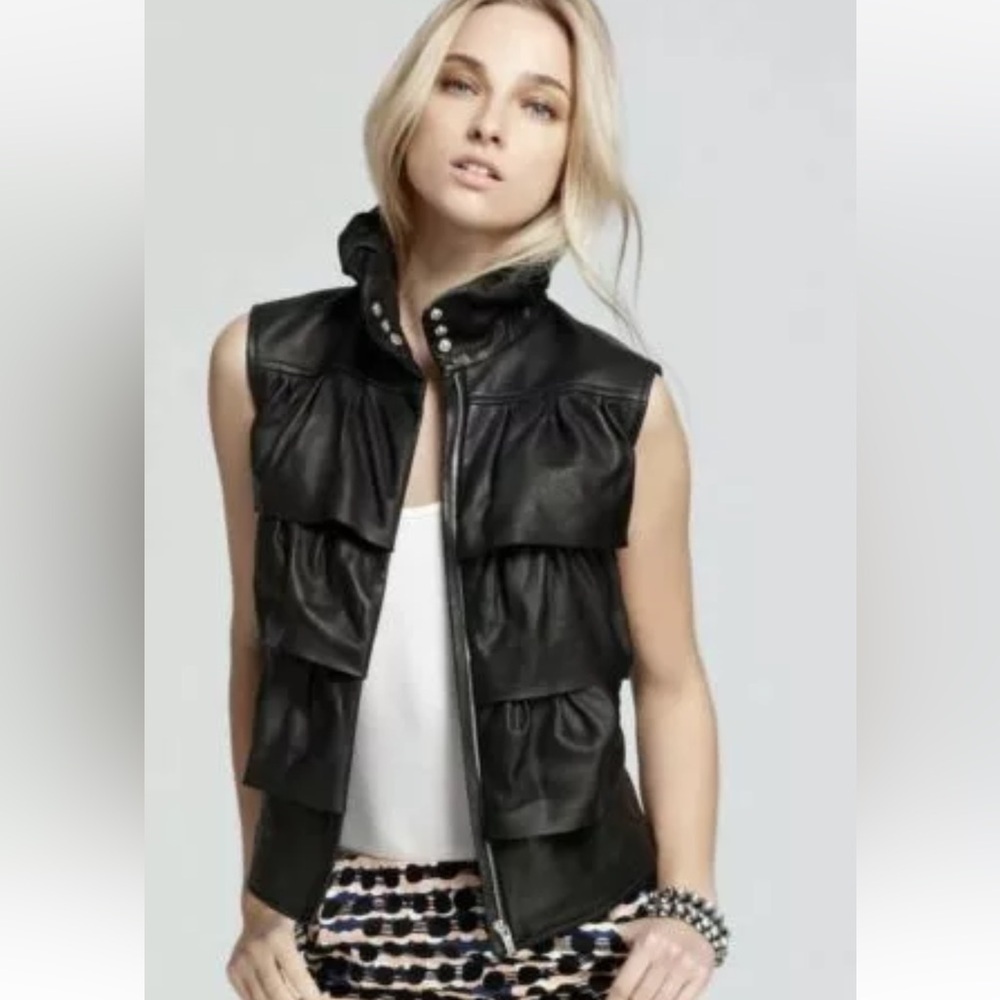 DVF DIANE von FURSTENBERG Genuine Leather Black Cupcake Bomber Vest Ruff…